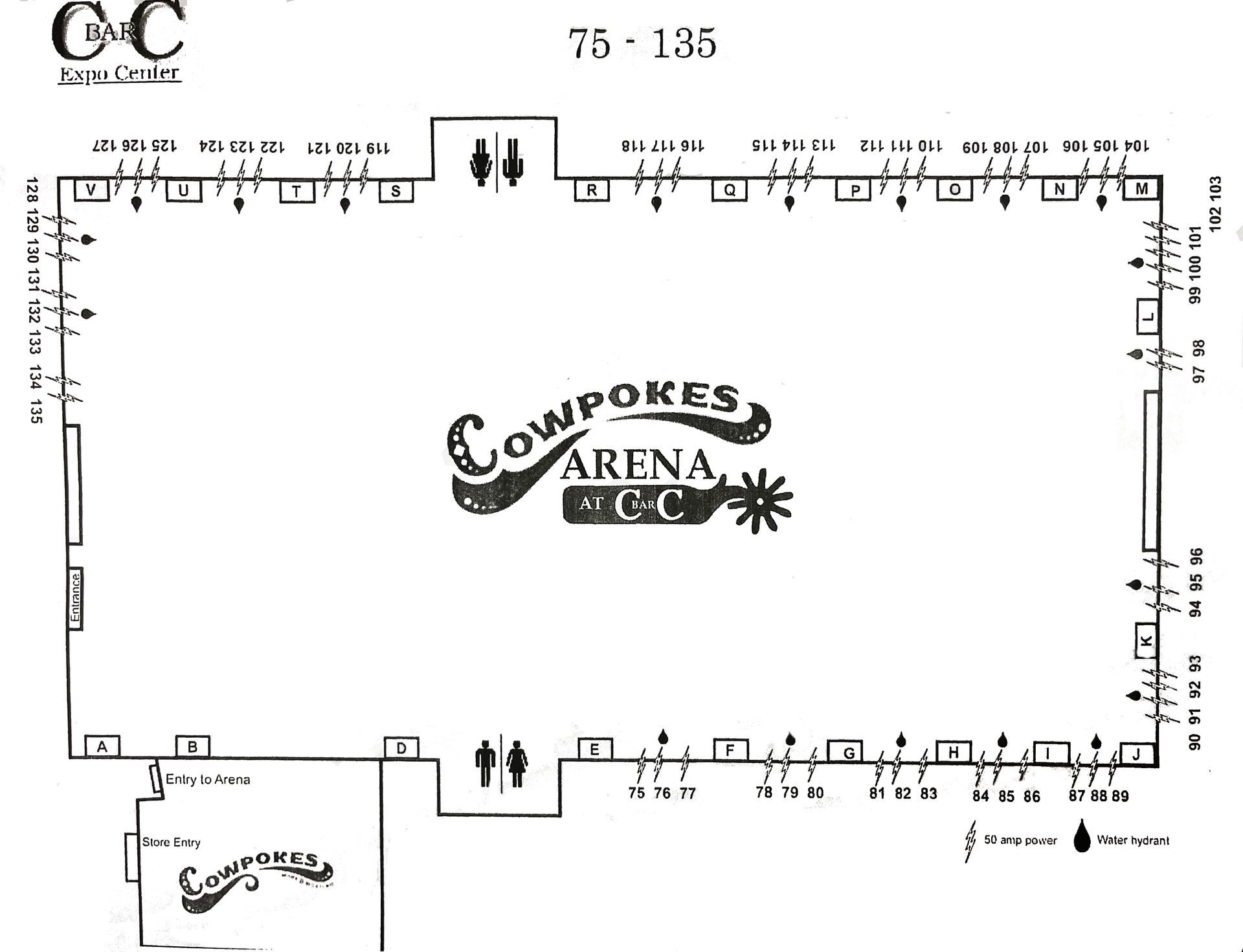 Floor plan for Cowpokes Arena showing the layout of the space, including entrances, restrooms, and numbered areas.