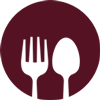 Fork and spoon, white on a burgundy circle; represents dining or food services.