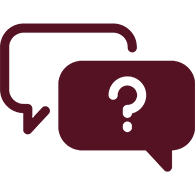 Two burgundy speech bubbles, one with a question mark.
