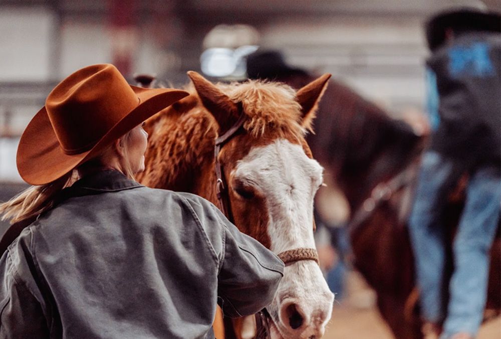 Woman in a cowboy hat petting a brown and white horse indoors; another person rides a horse in the background.