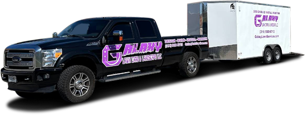 Black truck pulling a white trailer; both have purple