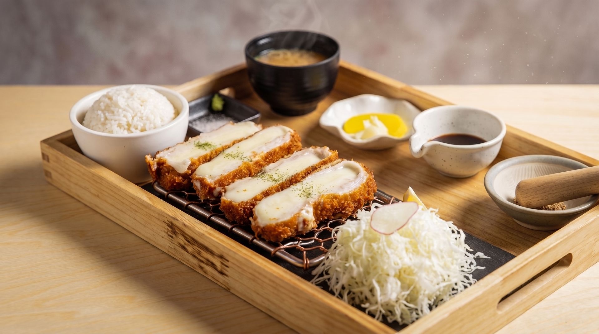 Japanese pork cutlet set on wooden tray with rice, soup, pickles, sauce, and shredded cabbage