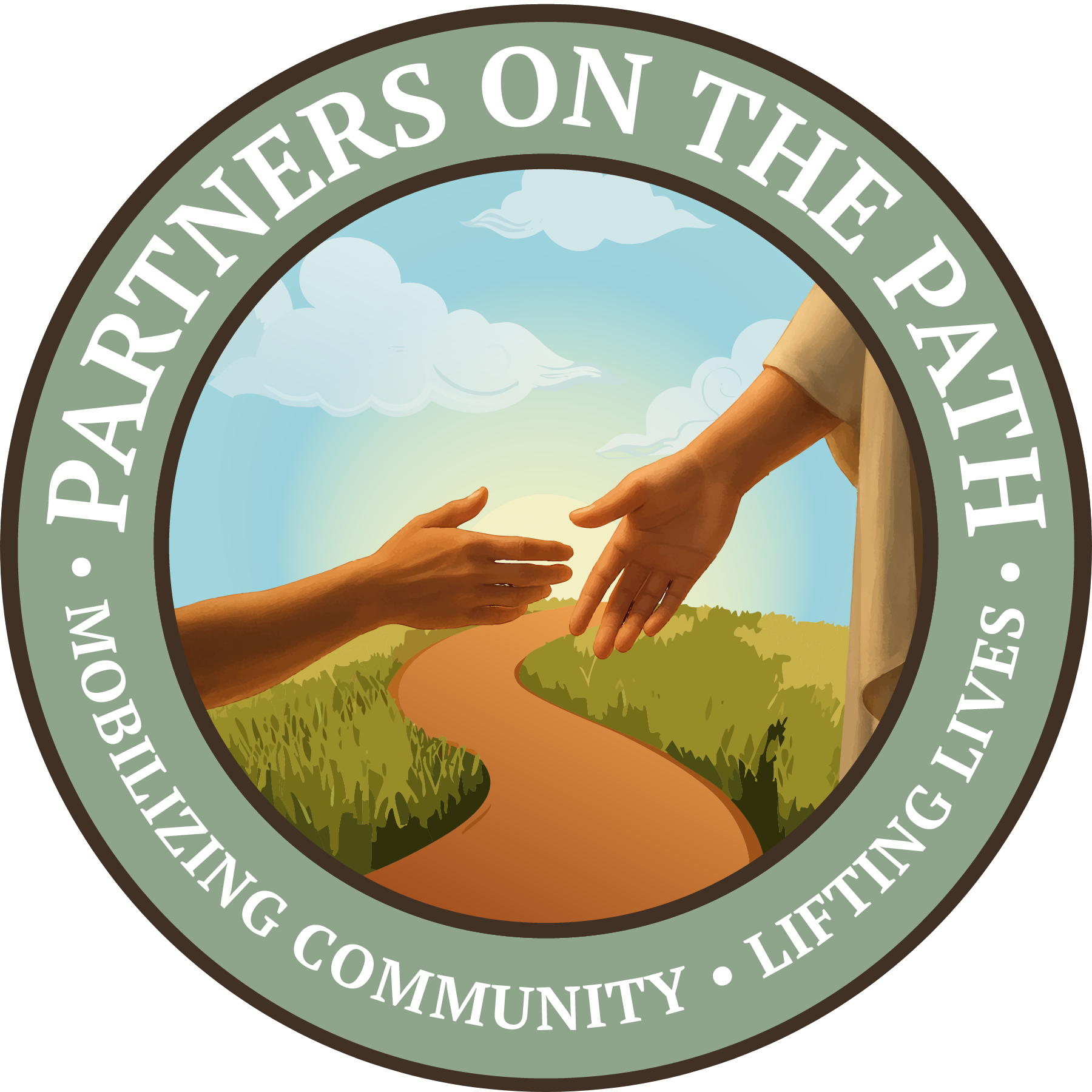 Circular logo with hands meeting over a path and the text “Partners on the Path” and “Mobilizing Community · Lifting Lives”