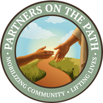 Circular logo with hands meeting over a path and the text “Partners on the Path” and “Mobilizing Community · Lifting Lives”