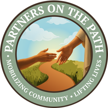Circular logo with hands meeting over a path and the text “Partners on the Path” and “Mobilizing Community · Lifting Lives”