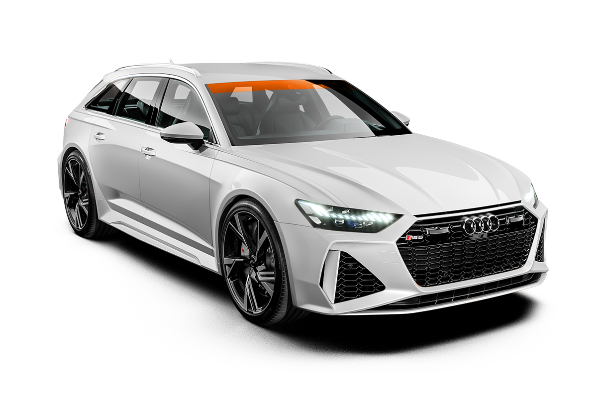 White Audi RS6 Avant, orange tint on windshield. Black rims.