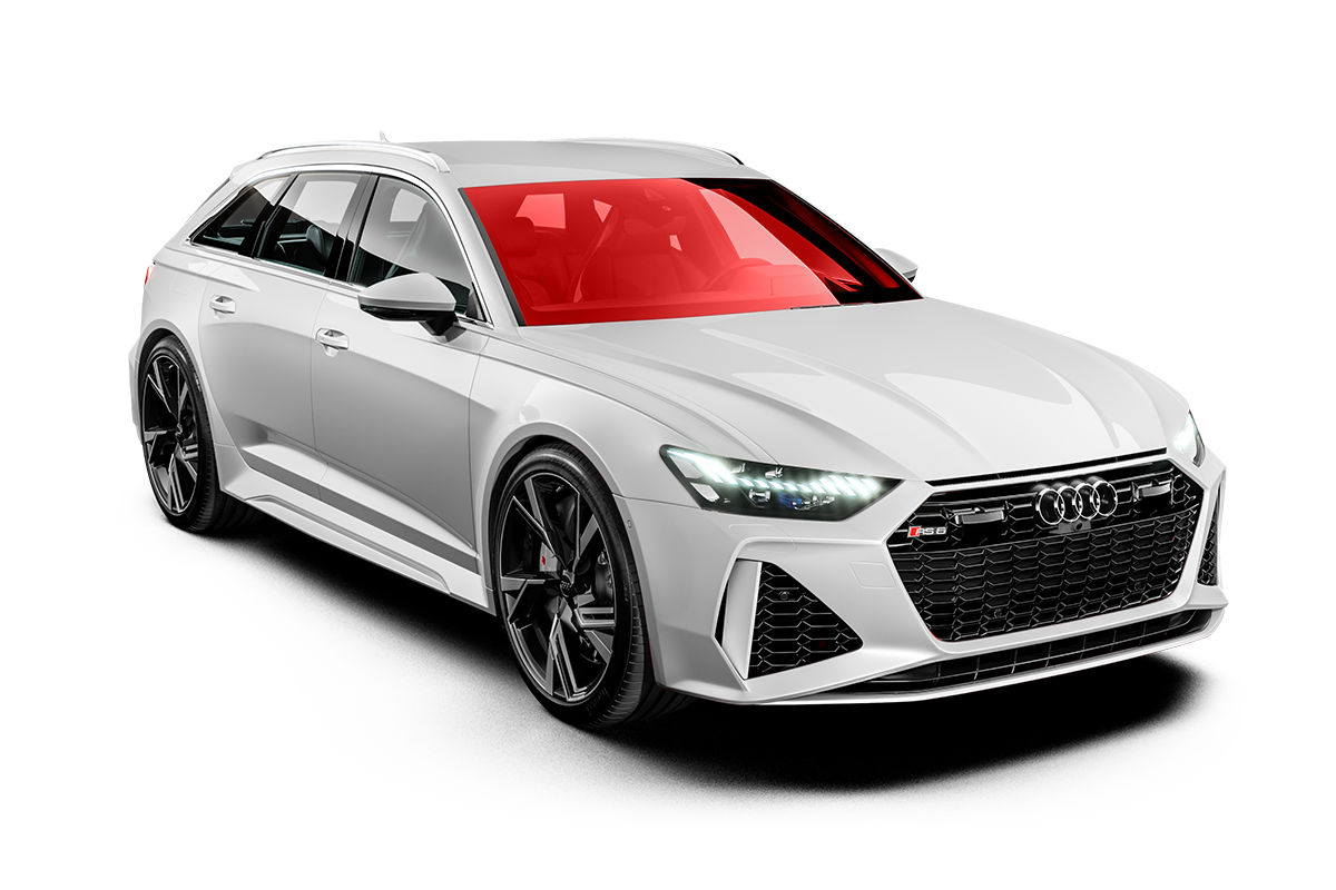 White Audi RS 6 Avant with a red highlighted windshield on a white background.