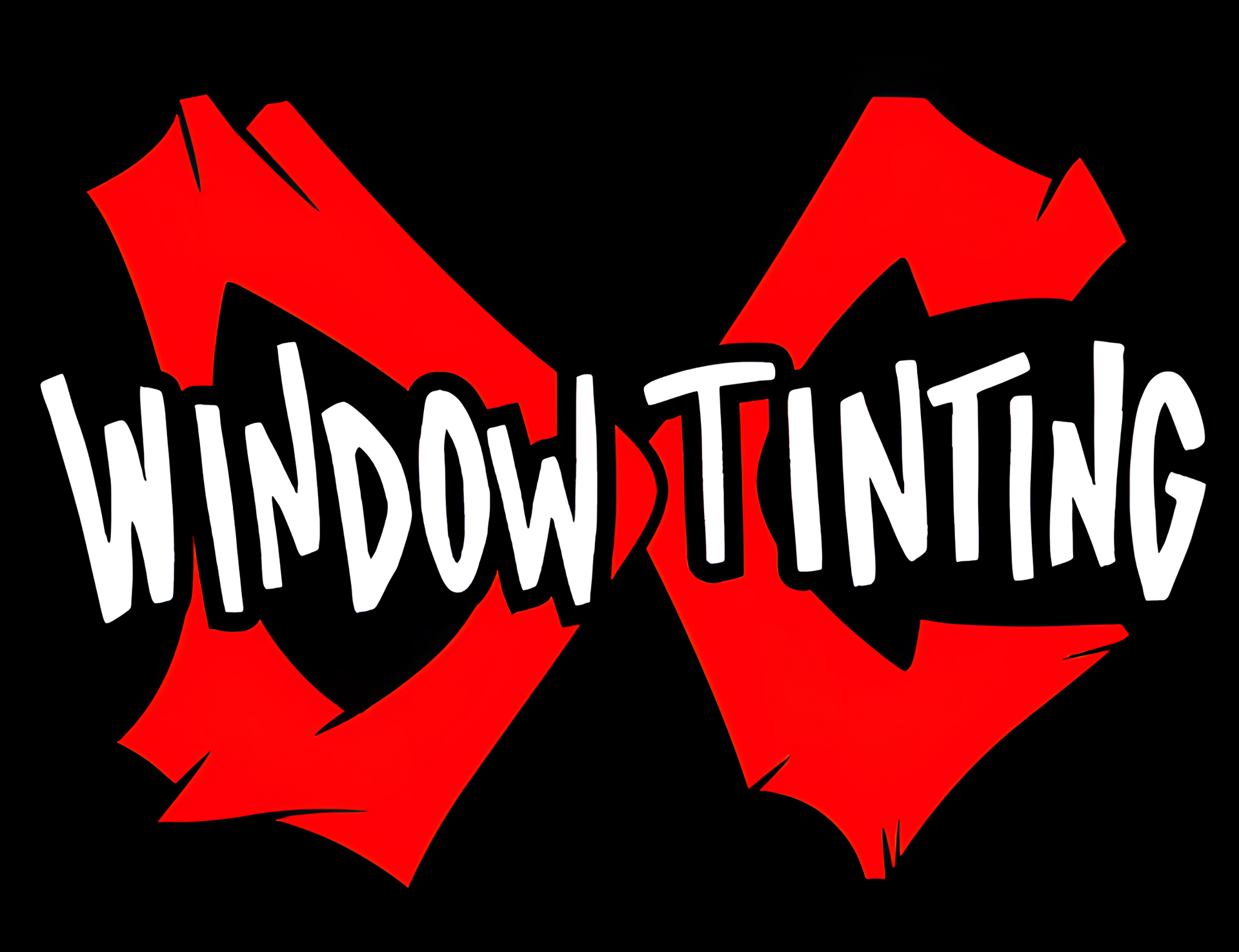 Window tinting text overlaying a red stylized infinity symbol on a black background.