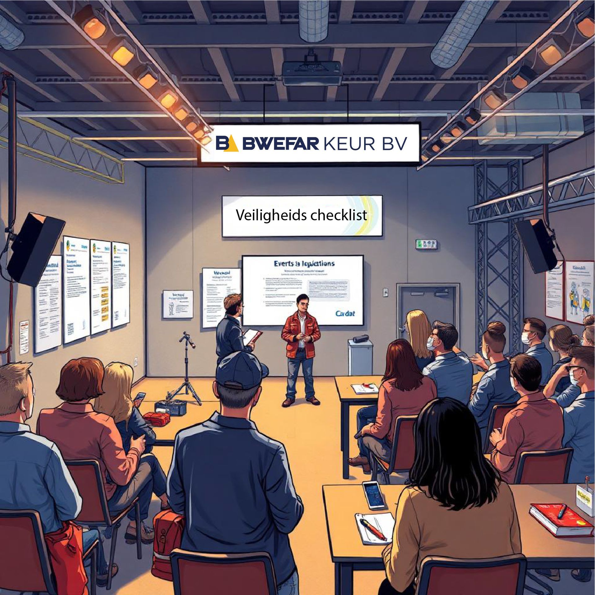 Workshoppresentatie in een lichte loods, met een spreker en zittend publiek onder een dia met een