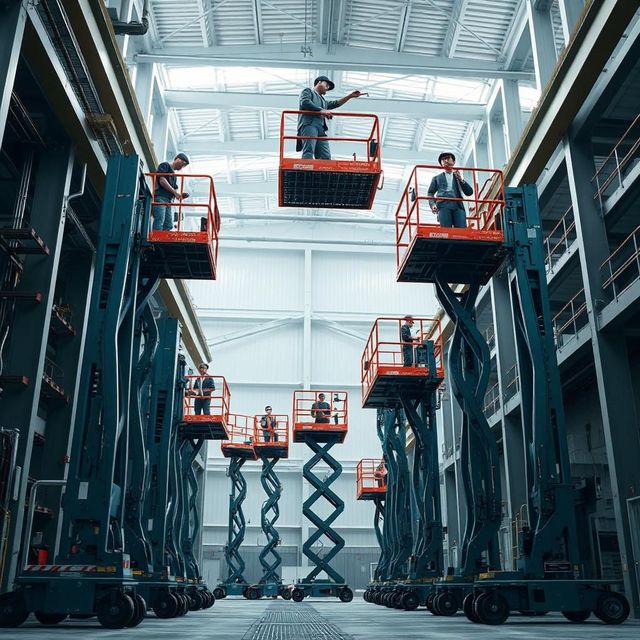 Werknemers in oranje hoogwerkers inspecteren het plafond en de stellingen in een groot industrieel magazijn.