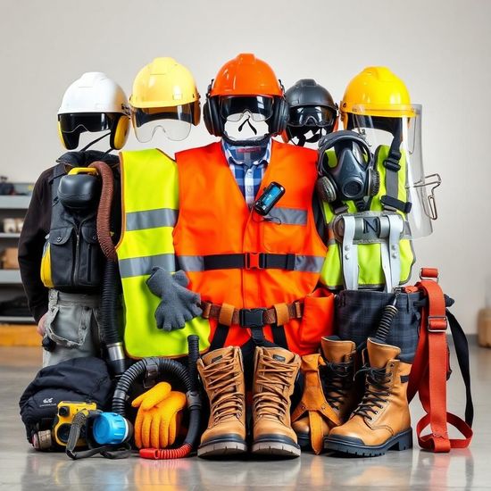 Veiligheidsuitrusting en -schoenen voor de bouw, netjes op een rij: veiligheidshelmen, veiligheidsvesten, handschoenen, ademmaskers en werklaarzen.
