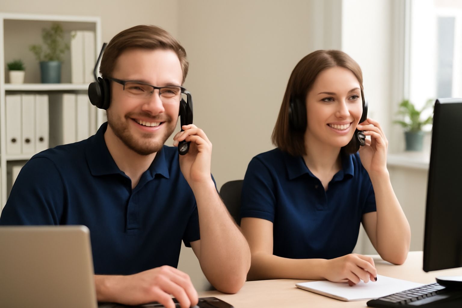 Twee klantenservicemedewerkers met headsets op werken aan een bureau in een kantoor.