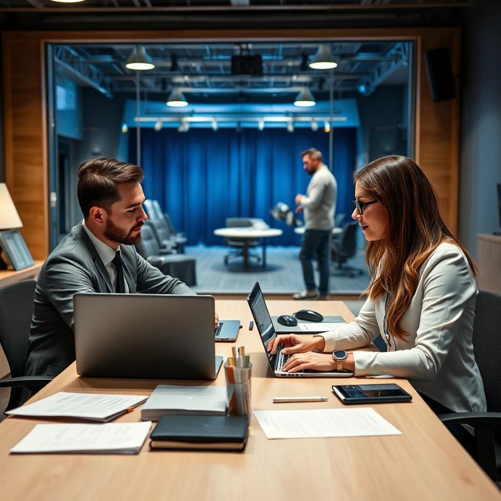 Twee collega's werken aan laptops tegenover elkaar aan een bureau in een modern kantoor, met daarachter een blauwe vergaderruimte.
