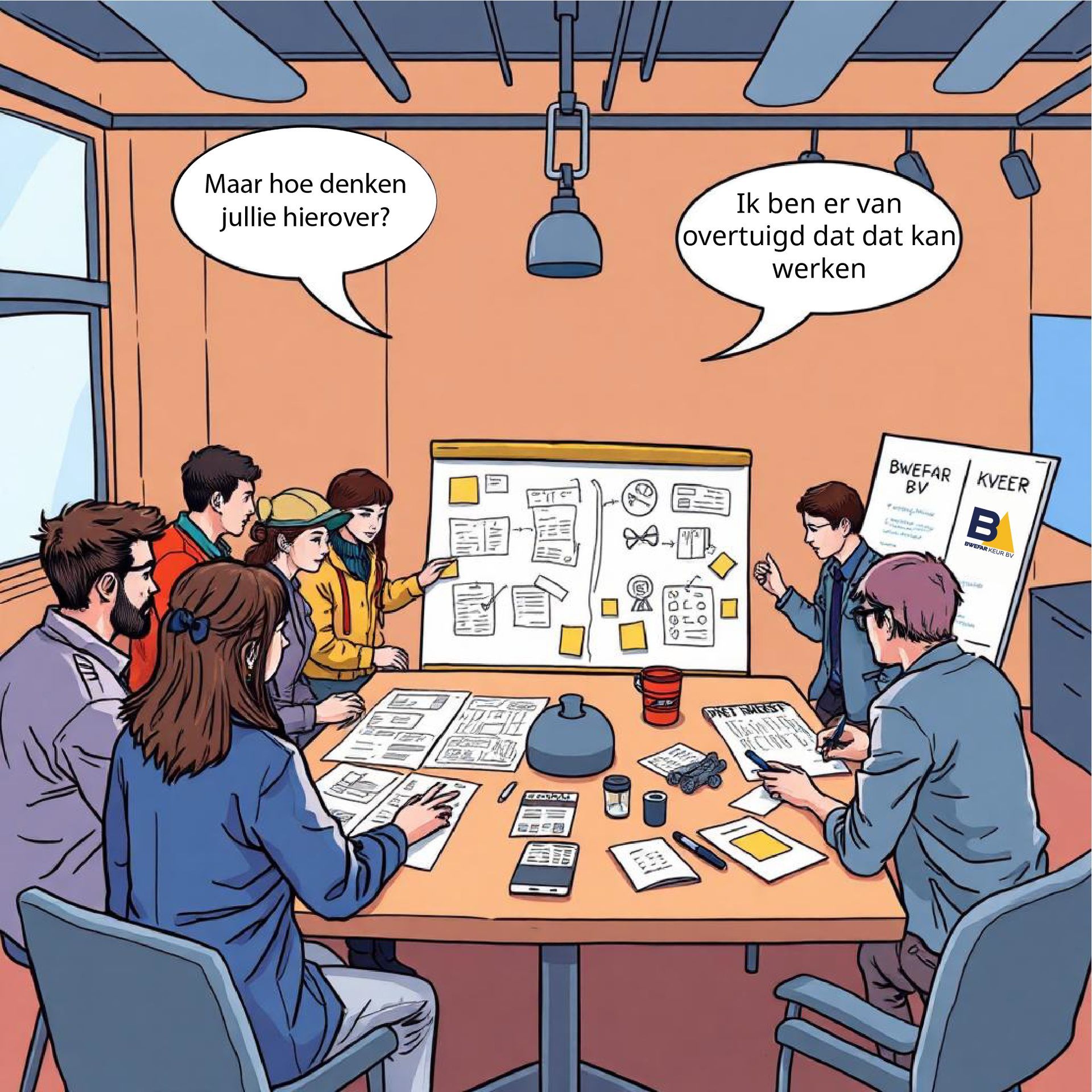 Een team vergadert rond een tafel in een vergaderruimte en bespreekt aantekeningen op een whiteboard.