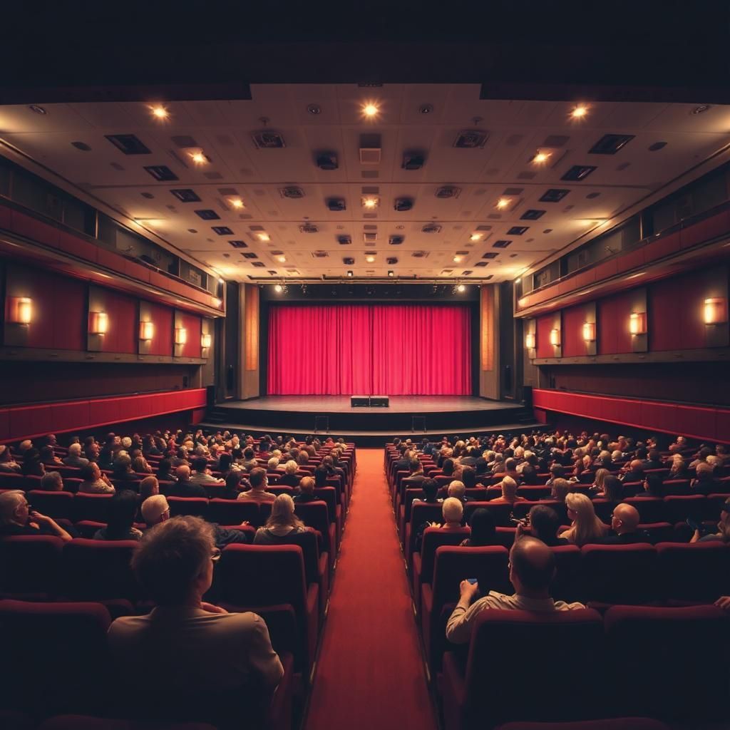 Theaterpubliek zit voor een verlicht podium met rode gordijnen en warme plafondlampen.