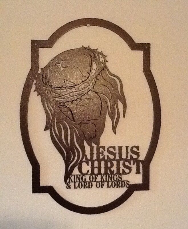 Sepia Jesus portrait with crown of thorns and “Jesus Christ King of Kings & Lord of Lords” text