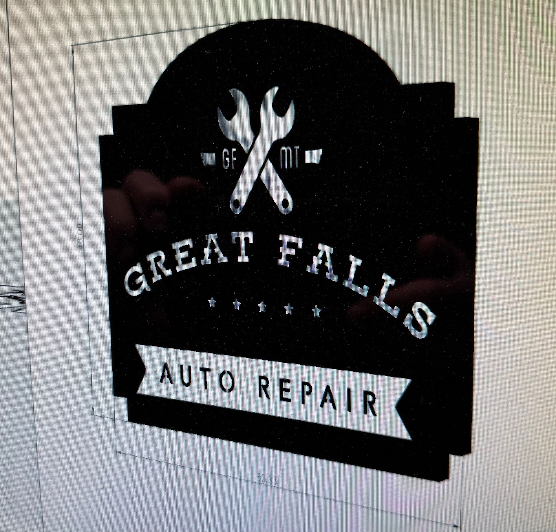 Black and white Great Falls Auto Repair sign with crossed tools icon