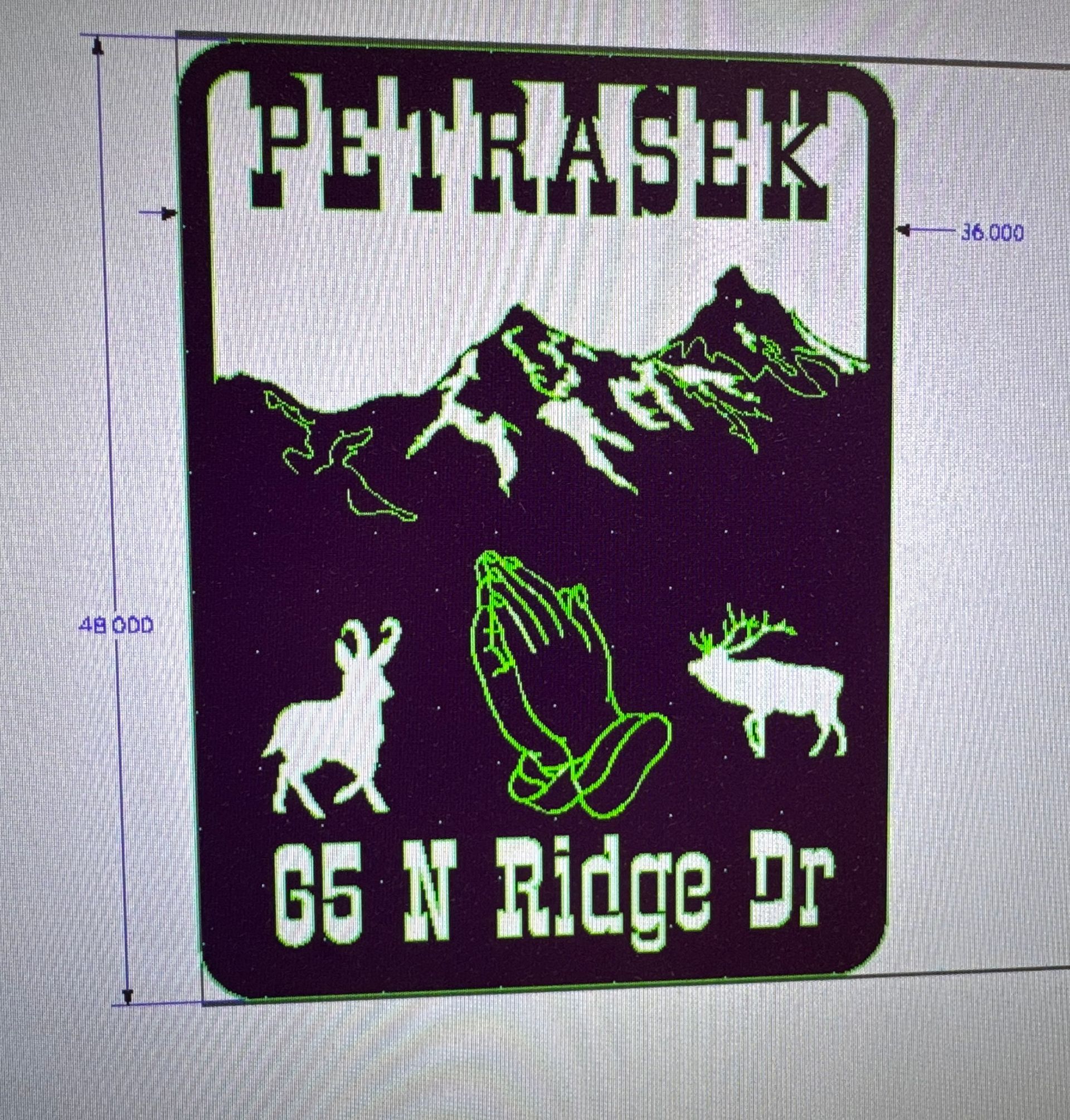 Petrasek sign with mountain graphic, hiking boot and moose, reading “65 N Ridge Dr”