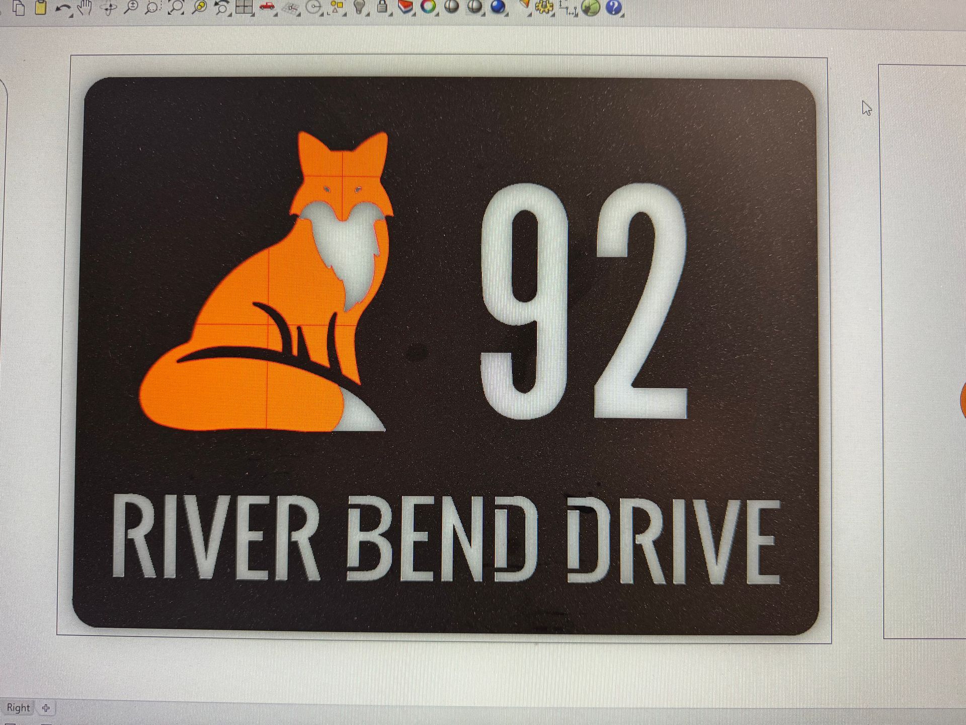 Black house number plaque with orange fox icon, white number 92, and “RIVER BEND DRIVE” text.