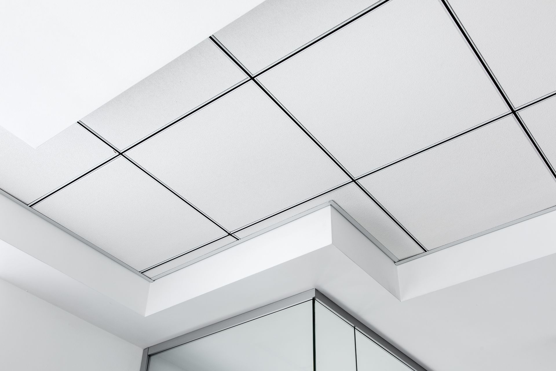 White ceiling with parallel fluorescent light fixtures and exposed beams, viewed from below