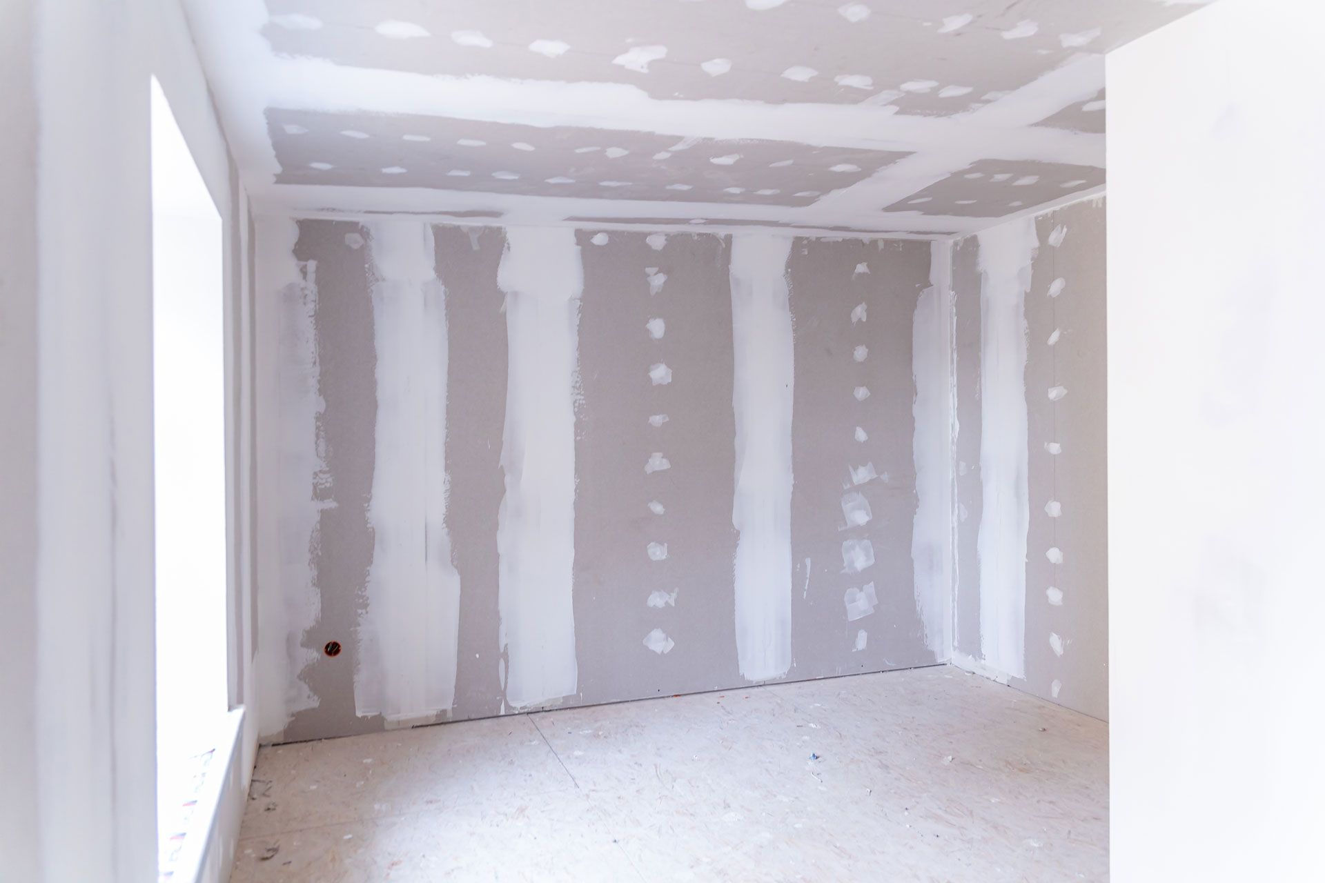 Empty drywall room with unfinished walls, ceiling, and floor under construction.