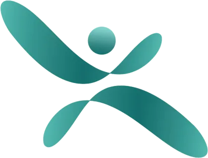 Abstract teal logo of a stylized person with raised arms and legs on a white background
