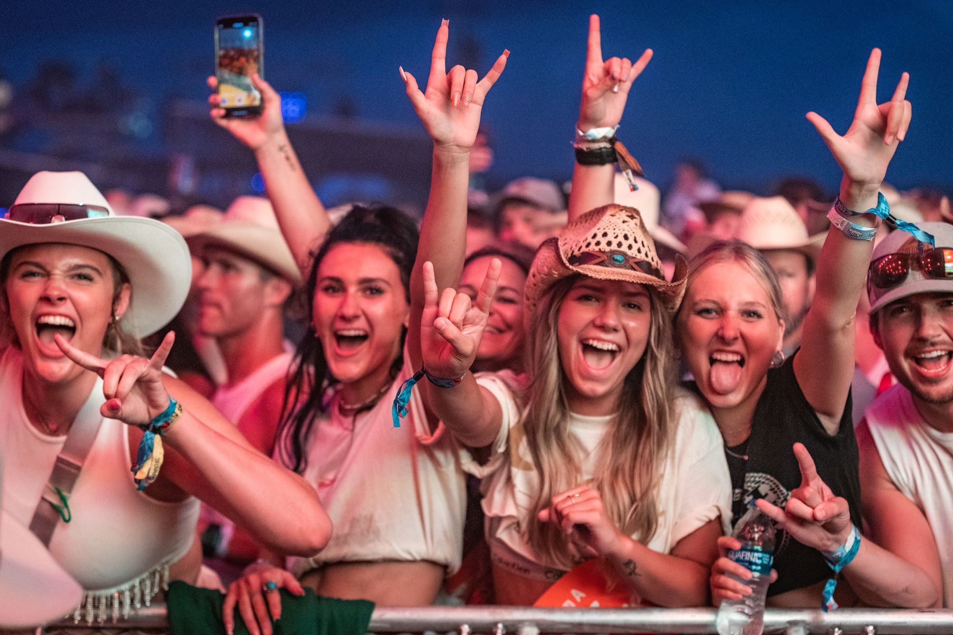 A group of people are standing in a crowd at a concert with their hands in the air.