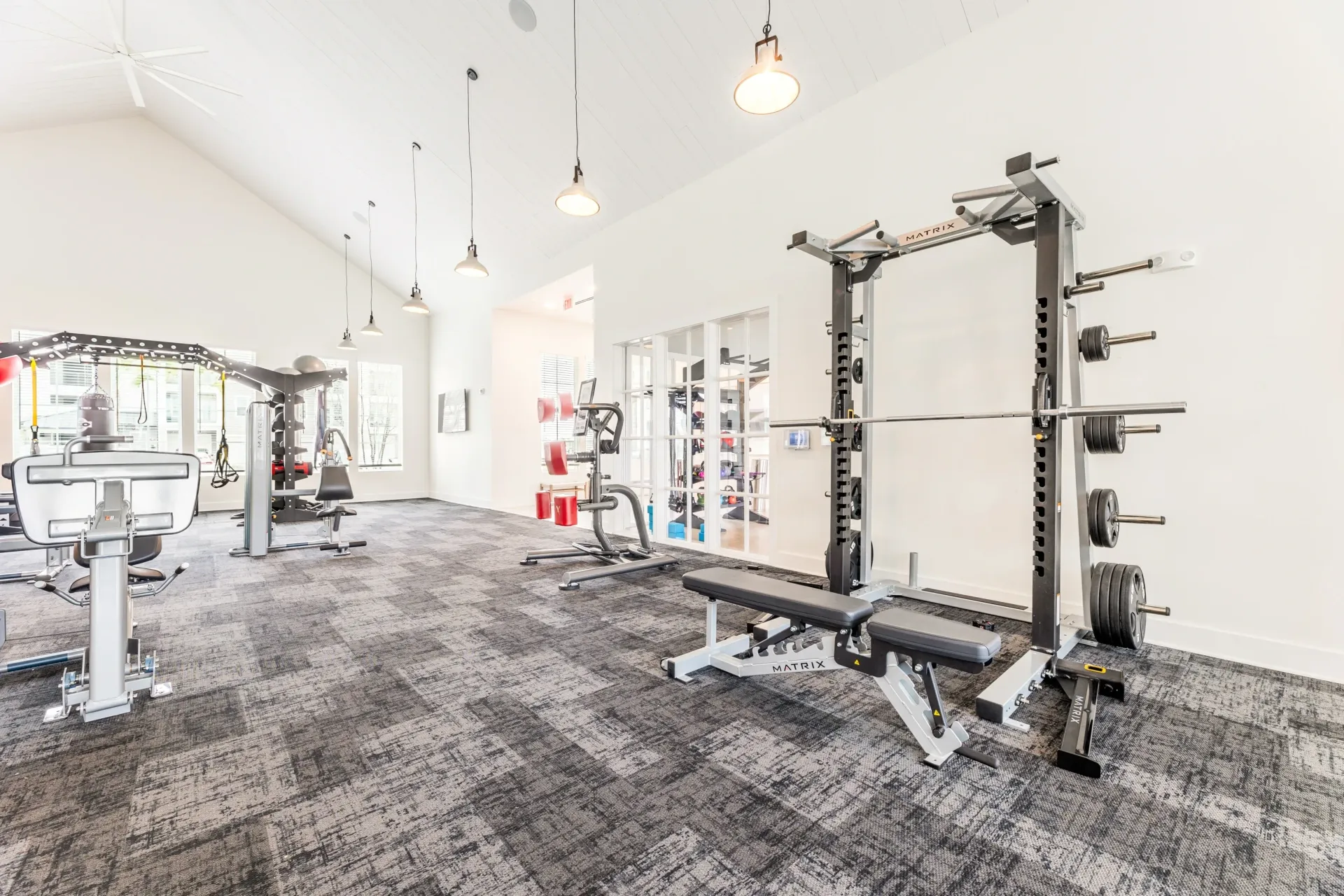 Well-equipped gym with weight machines, squat rack, and bench.