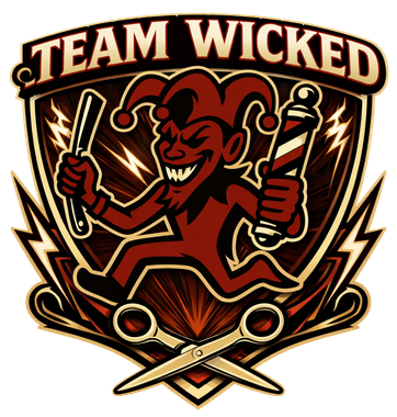 “TEAM WICKED” logo with a red jester holding scissors, framed by lightning and baseball bats.
