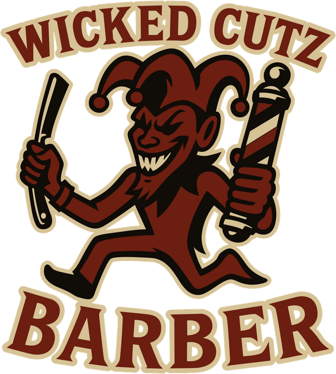 Logo for Wicked Cutz Barber featuring a jester holding clippers and a straight razor