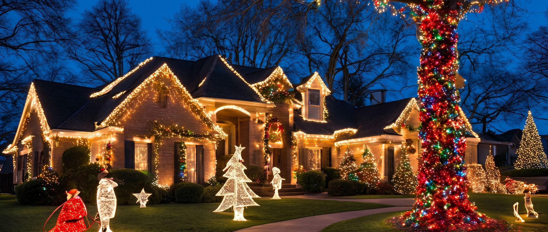 Christmas lights and wreaths decorate a house exterior at night, with glowing bushes and windows.