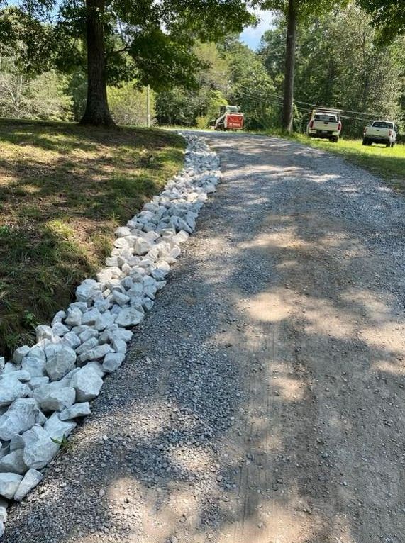 A dirt road with a row of white rocks on the side of it.