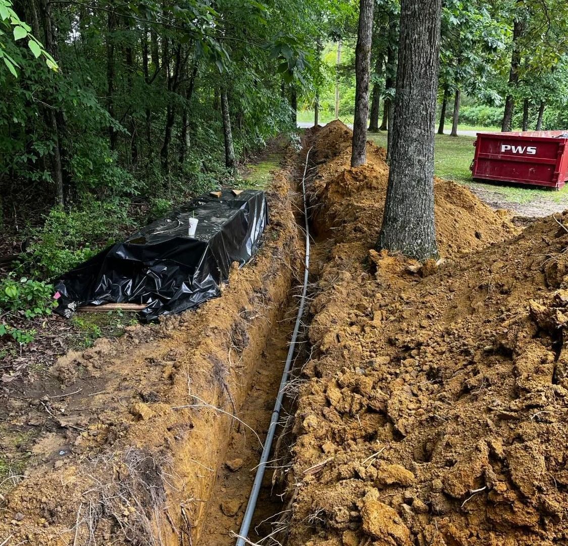 A trench in the middle of a forest with a red dumpster in the background.