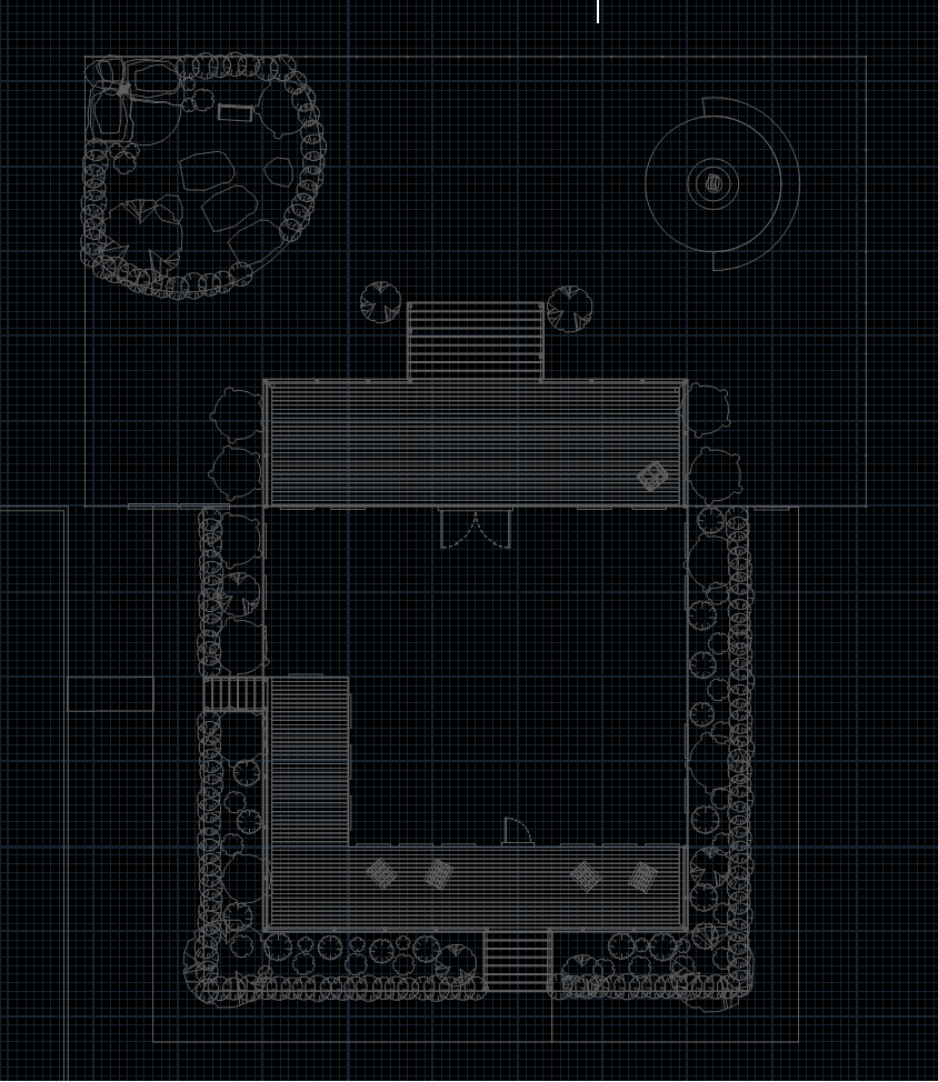 A black and white drawing of a building on a black background.