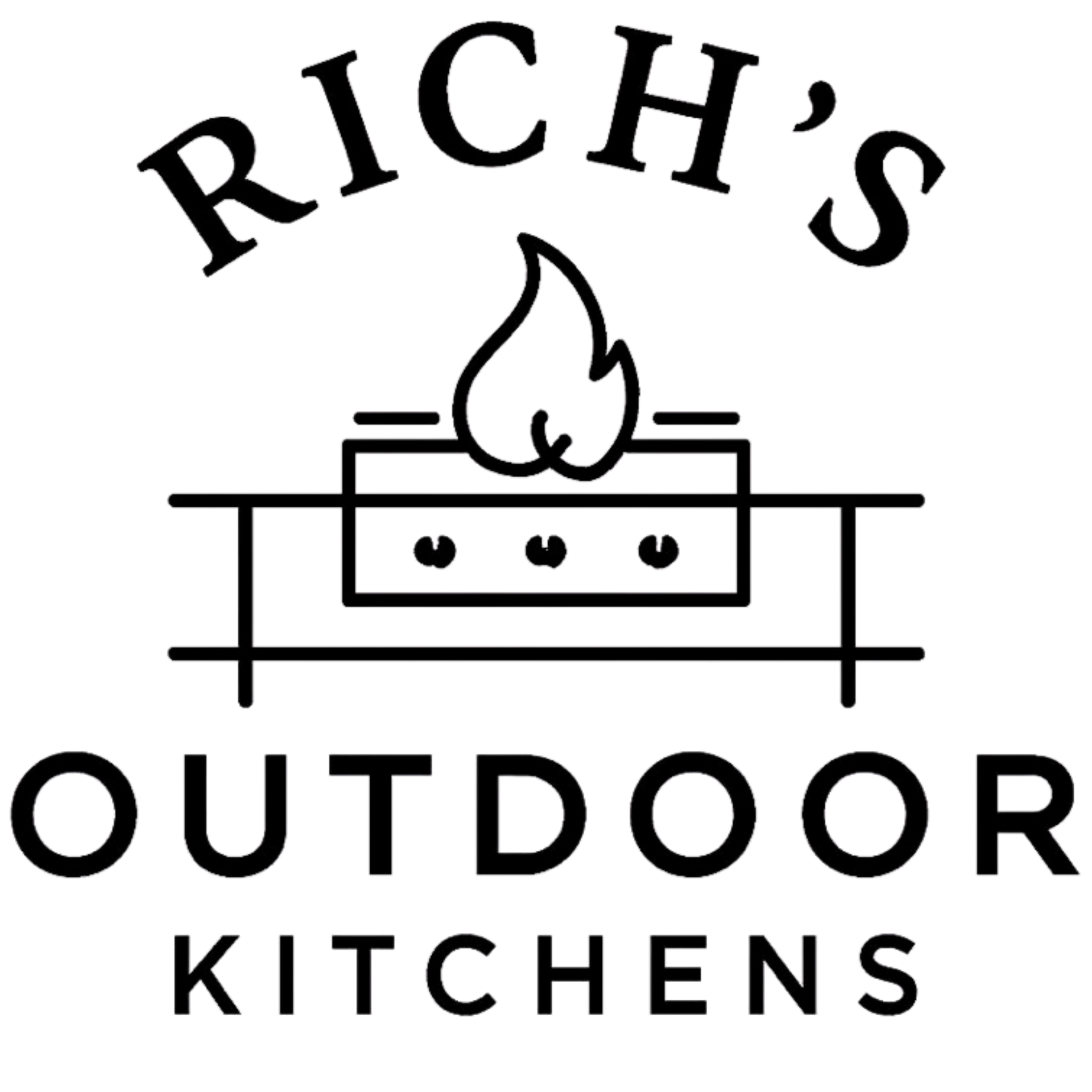 Logo for Rich's Outdoor Kitchens, featuring a grill with flame and text above and below.