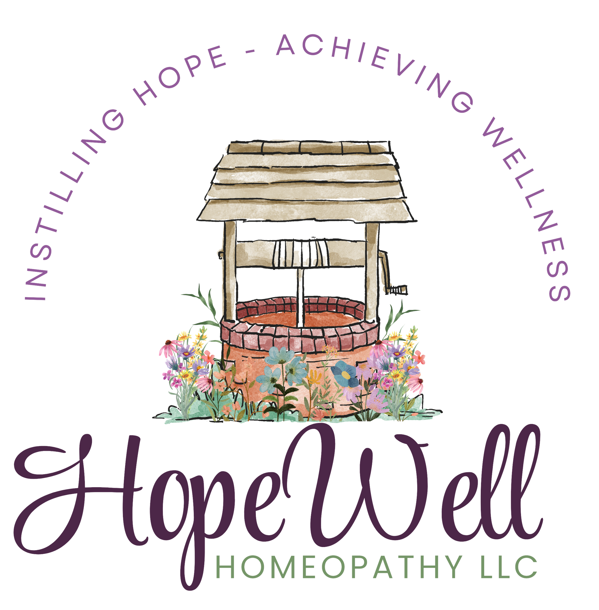 The logo for hope well homeopathy llc shows a wishing well surrounded by flowers.