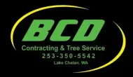 BCD Contracting & Tree Service logo in green on black with yellow swoosh, Lake Chelan, WA and phone number 253-350-5542