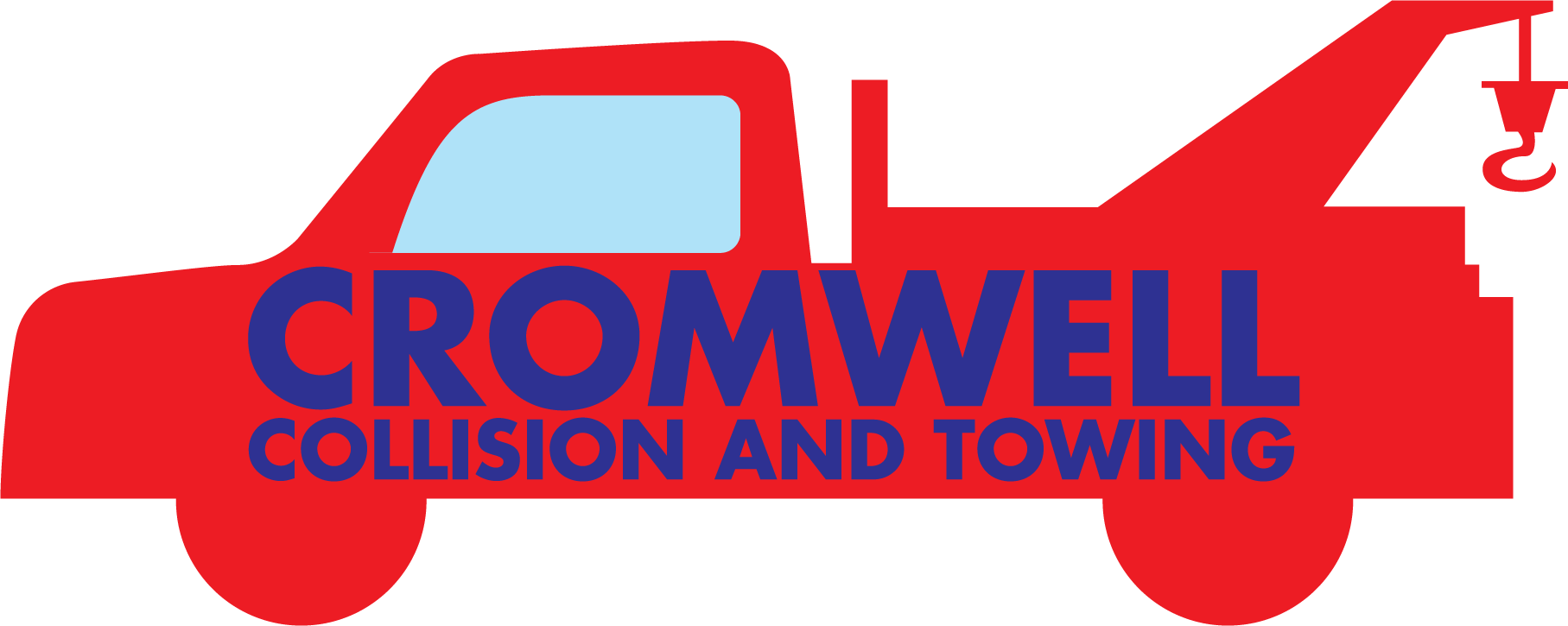 Red tow truck logo with blue text reading “Cromwell Collision and Towing”