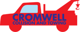 Red tow truck logo with blue text reading “Cromwell Collision and Towing”