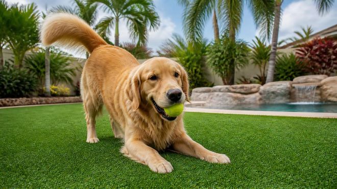 Dog playing with a tennis ball on artificial grass in a backyard