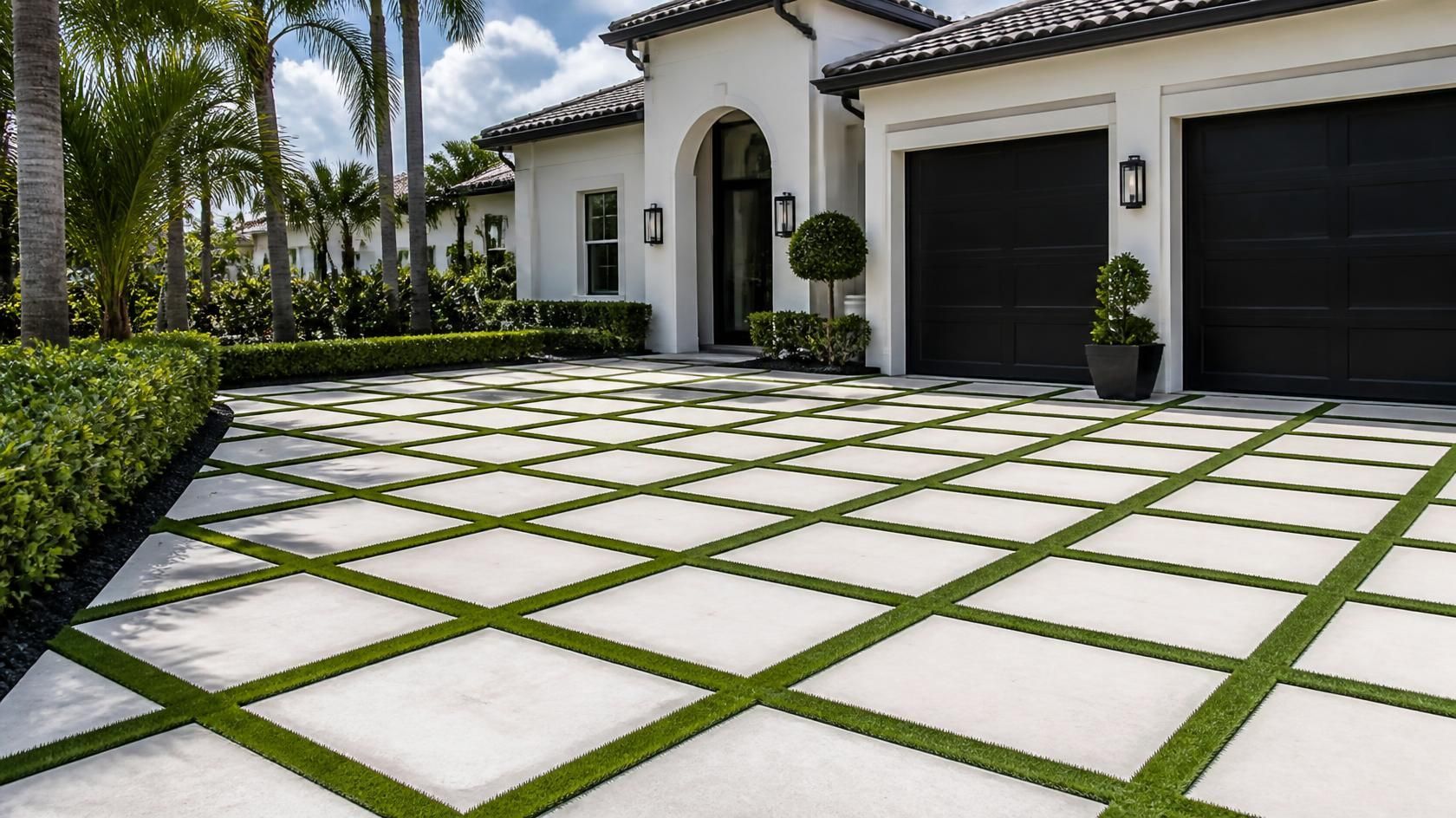 Artificial turf installed between pavers in a checkerboard pattern on a driveway