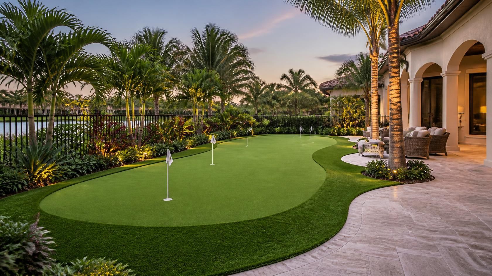 Artificial grass putting green installed in a backyard