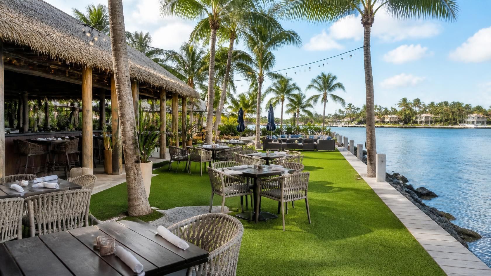 Artificial turf installed outside a waterfront restaurant