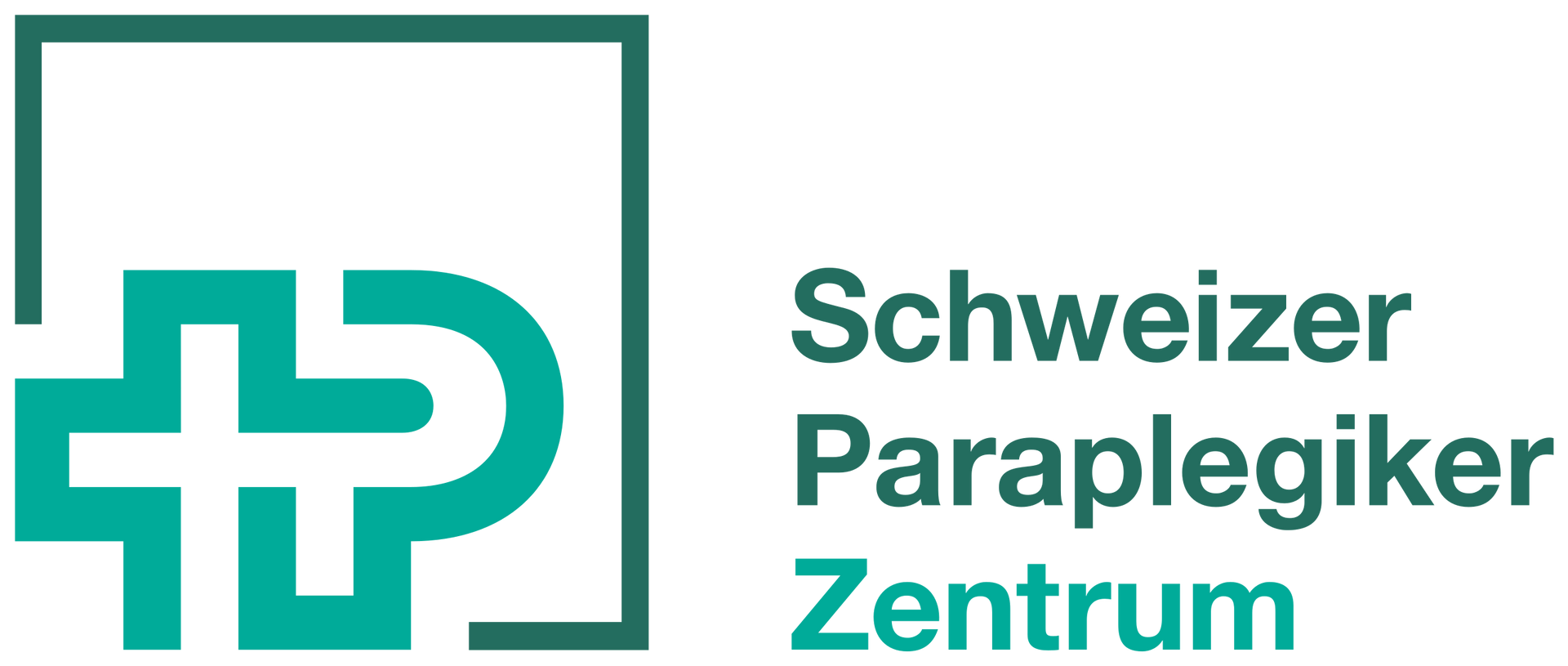Logo des Schweizer Paraplegiker Zentrums, türkisfarbene kreuzähnliche Form innerhalb eines türkisfarben und grün umrandeten Quadrats, rechtsbündiger Text.