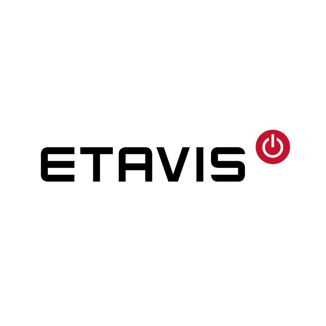 Ein schwarz-rotes Logo für etavis mit einem roten Power-Button.