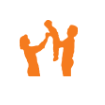 Three orange people silhouettes with raised arms, one holding a document, on a white background
