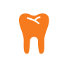 Orange tooth icon with a white smile and sparkle on a white background
