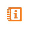 Orange information icon with a lowercase “i” inside a rounded square and side dots.