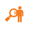 Orange magnifying glass beside a person icon, suggesting search or inspect.