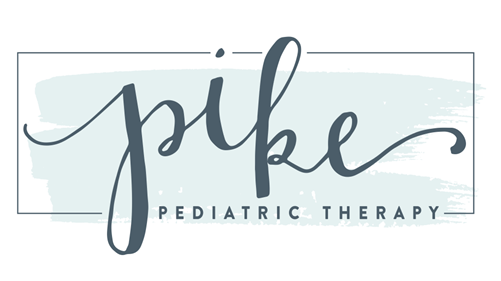 Pike Pediatric Therapy logo in gray script over a pale blue brushstroke background